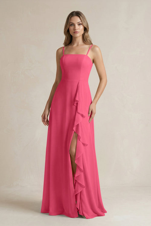 Spaghetti Strap Ruffled A - Line Chiffon Bridesmaid Dress in Fuchsia - SHE IS ME Bridesmaid Dresses