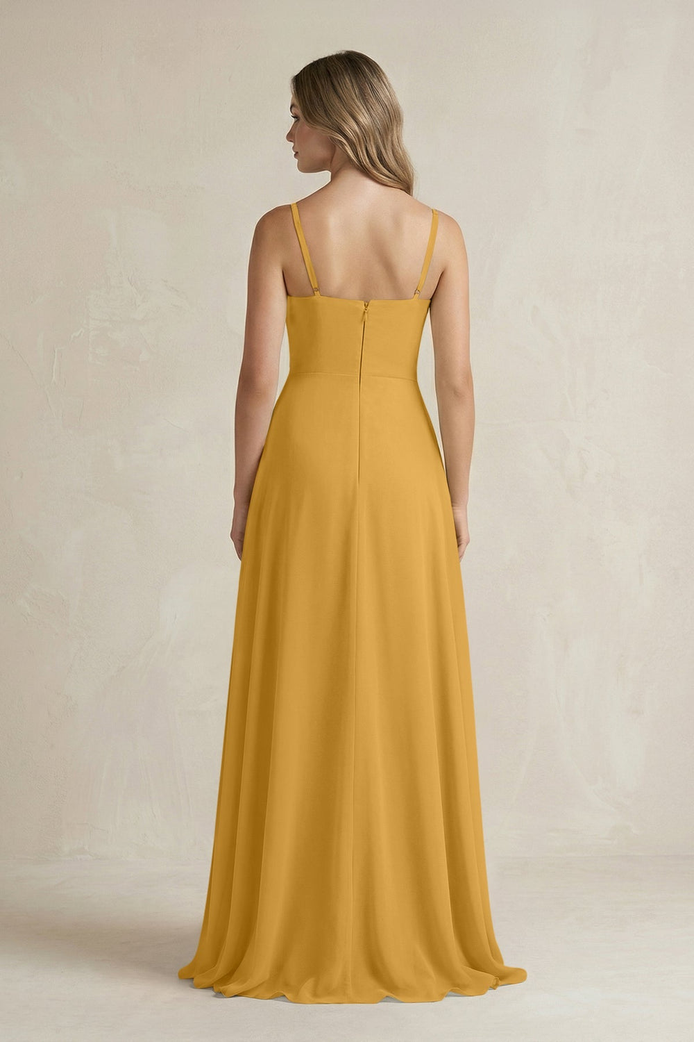 Spaghetti Strap Ruffled A - Line Chiffon Bridesmaid Dress in Marigold - SHE IS ME Bridesmaid Dresses