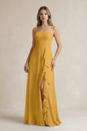 Spaghetti Strap Ruffled A - Line Chiffon Bridesmaid Dress in Marigold - SHE IS ME Bridesmaid Dresses