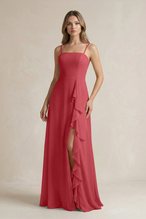 Spaghetti Strap Ruffled A - Line Chiffon Bridesmaid Dress in Merlot - SHE IS ME Bridesmaid Dresses