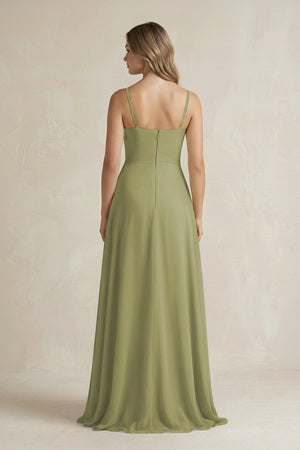 Spaghetti Strap Ruffled A - Line Chiffon Bridesmaid Dress in Moss Green - SHE IS ME Bridesmaid Dresses