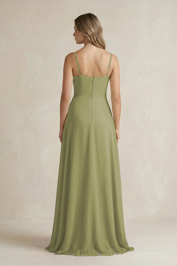 Spaghetti Strap Ruffled A - Line Chiffon Bridesmaid Dress in Moss Green - SHE IS ME Bridesmaid Dresses