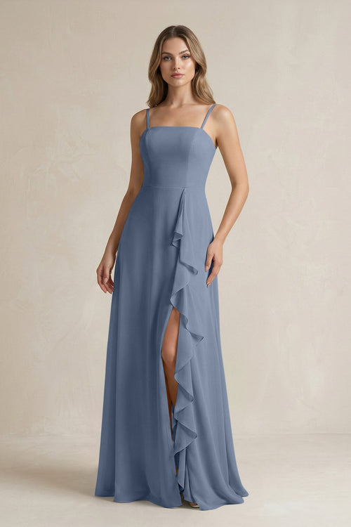 Spaghetti Strap Ruffled A - Line Chiffon Bridesmaid Dress in Neptune - SHE IS ME Bridesmaid Dresses