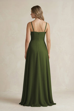 Spaghetti Strap Ruffled A - Line Chiffon Bridesmaid Dress in Olive - SHE IS ME Bridesmaid Dresses