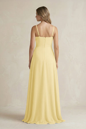 Spaghetti Strap Ruffled A - Line Chiffon Bridesmaid Dress in Pastel Yellow - SHE IS ME Bridesmaid Dresses
