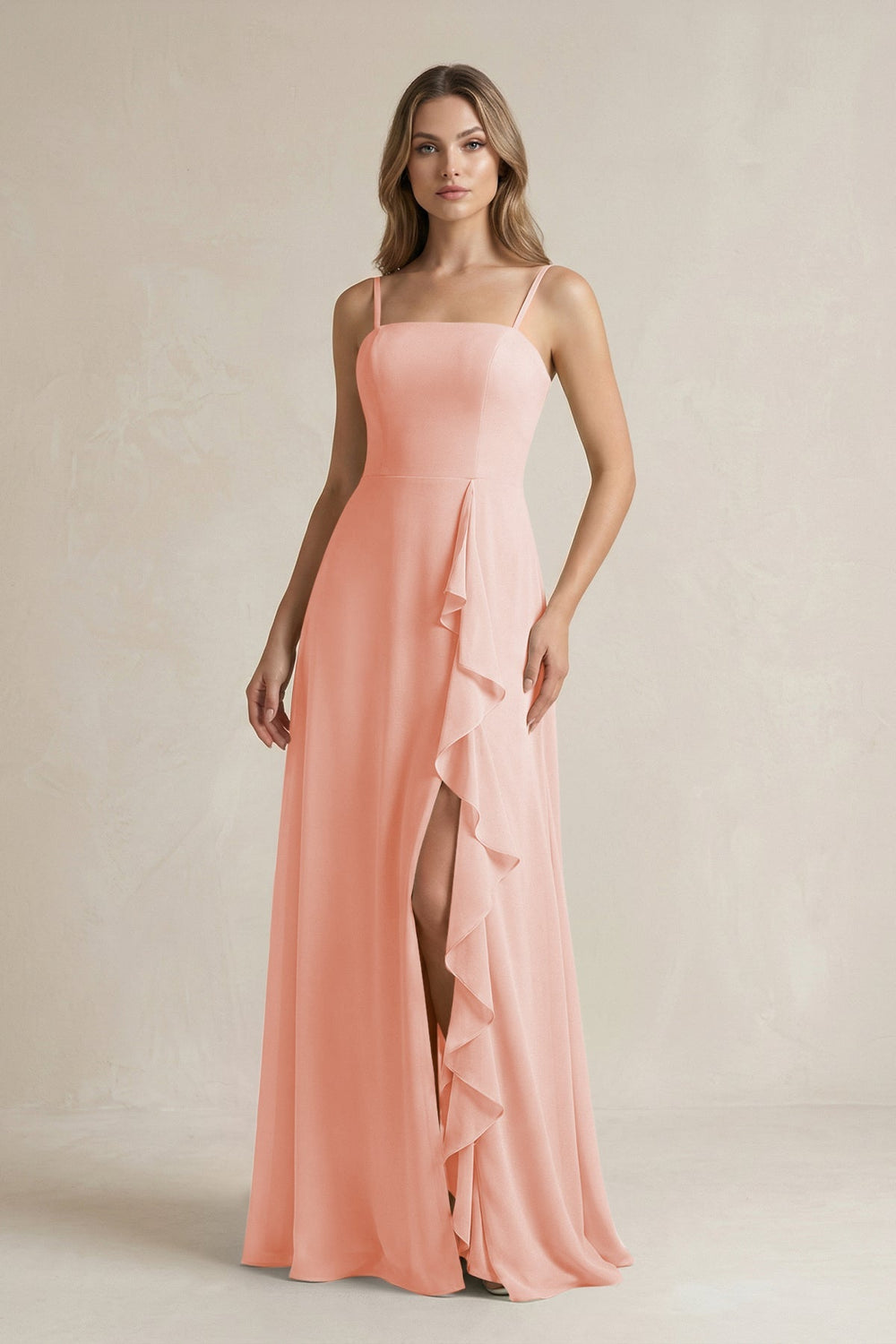 Spaghetti Strap Ruffled A - Line Chiffon Bridesmaid Dress in Rose Petal - SHE IS ME Bridesmaid Dresses