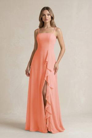 Spaghetti Strap Ruffled A - Line Chiffon Bridesmaid Dress in Rosette - SHE IS ME Bridesmaid Dresses