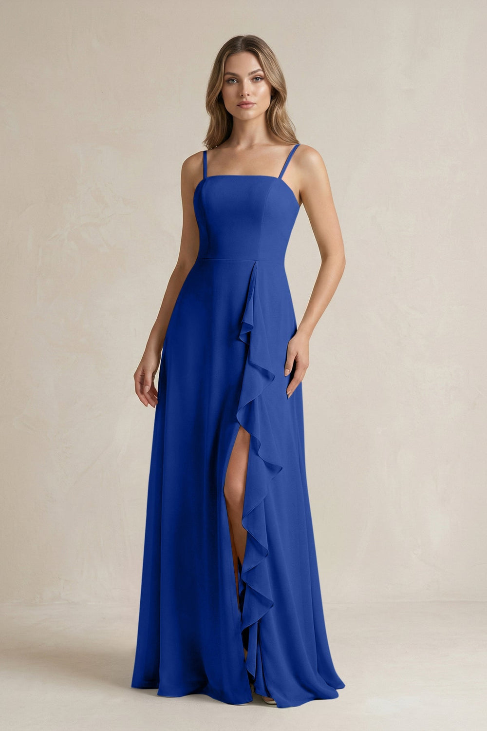 Spaghetti Strap Ruffled A - Line Chiffon Bridesmaid Dress in Royal Blue - SHE IS ME Bridesmaid Dresses