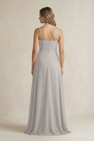 Spaghetti Strap Ruffled A - Line Chiffon Bridesmaid Dress in Silver - SHE IS ME Bridesmaid Dresses