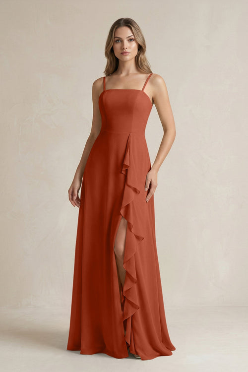 Spaghetti Strap Ruffled A - Line Chiffon Bridesmaid Dress in Spice - SHE IS ME Bridesmaid Dresses