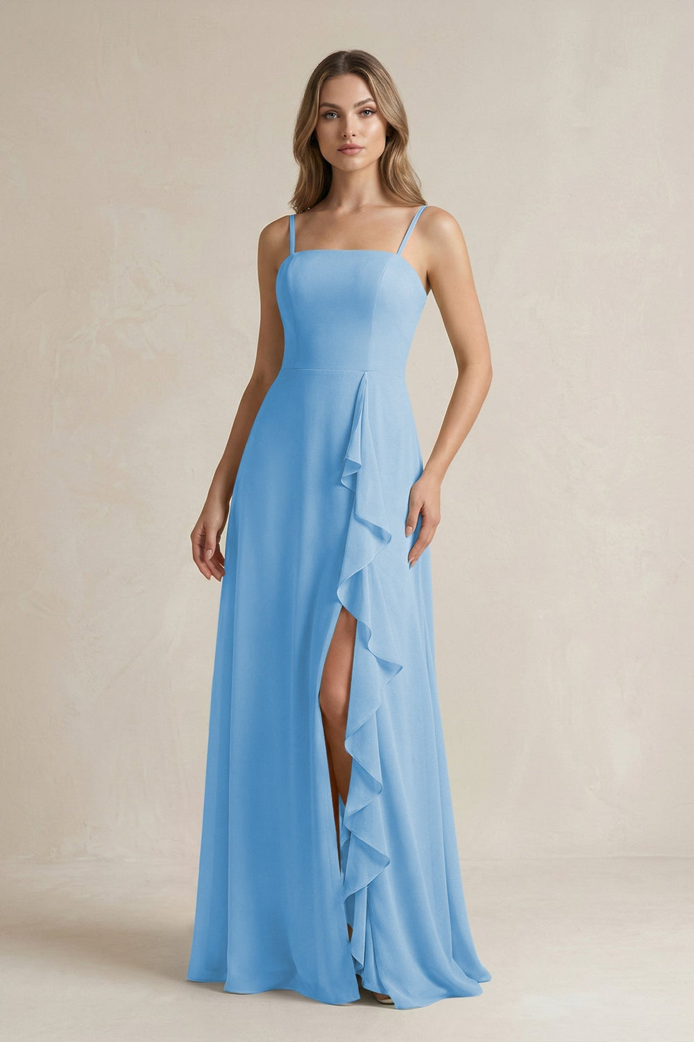 Spaghetti Strap Ruffled A - Line Chiffon Bridesmaid Dress in Steel Blue - SHE IS ME Bridesmaid Dresses