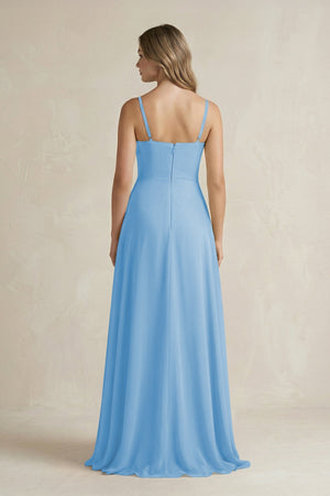 Spaghetti Strap Ruffled A - Line Chiffon Bridesmaid Dress in Steel Blue - SHE IS ME Bridesmaid Dresses
