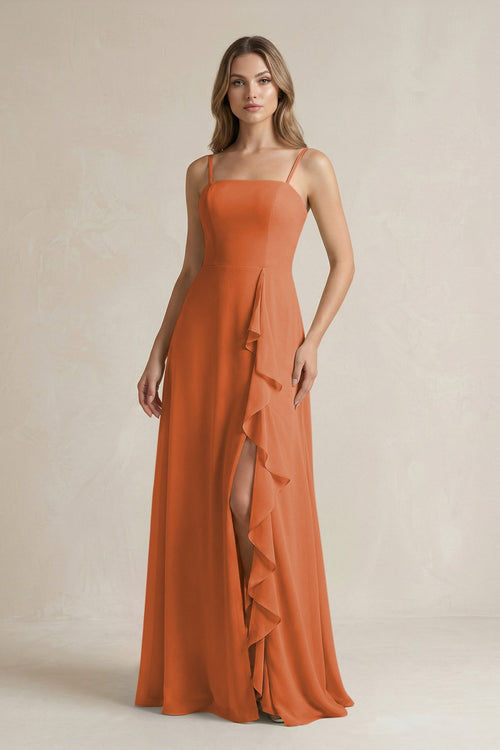 Spaghetti Strap Ruffled A - Line Chiffon Bridesmaid Dress in Terracotta - SHE IS ME Bridesmaid Dresses