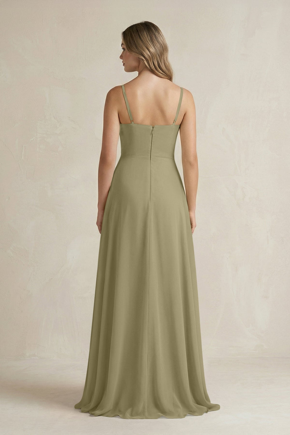 Spaghetti Strap Ruffled A - Line Chiffon Bridesmaid Dress in Thyme - SHE IS ME Bridesmaid Dresses