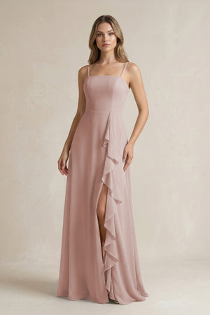 Spaghetti Strap Ruffled A - Line Chiffon Bridesmaid Dress in Toffee - SHE IS ME Bridesmaid Dresses