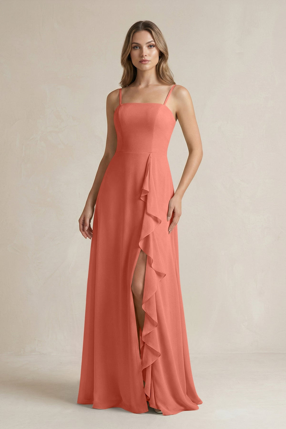Spaghetti Strap Ruffled A - Line Chiffon Bridesmaid Dress in Wild Rose - SHE IS ME Bridesmaid Dresses