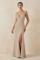 Spaghetti Strap Sheath Chiffon Bridesmaid Dress With Slit in Almond - SHE IS ME Bridesmaid Dresses