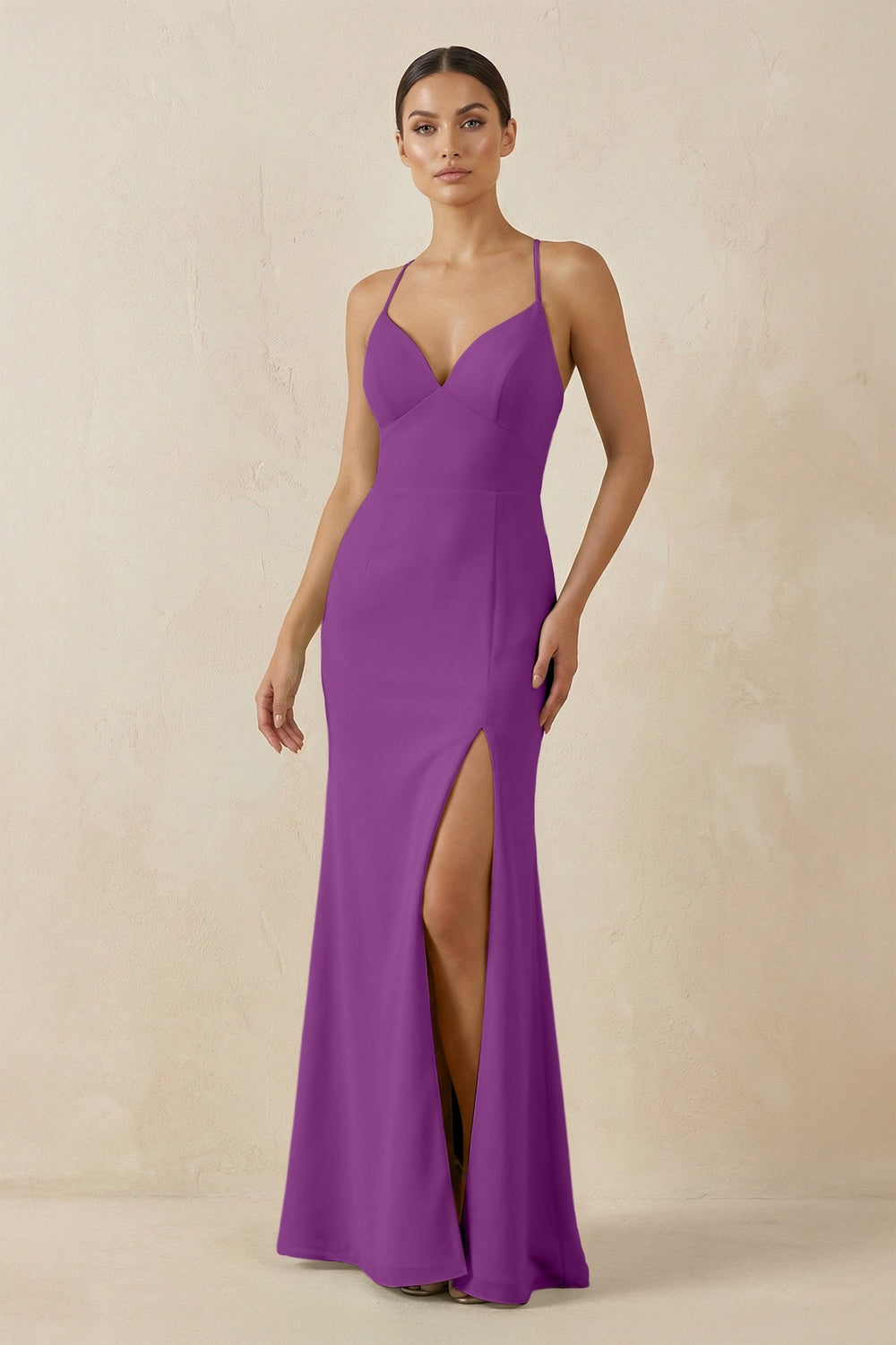 Spaghetti Strap Sheath Chiffon Bridesmaid Dress With Slit in Amethyst - SHE IS ME Bridesmaid Dresses