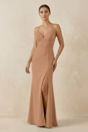 Spaghetti Strap Sheath Chiffon Bridesmaid Dress With Slit in Bronzer - SHE IS ME Bridesmaid Dresses