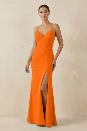 Spaghetti Strap Sheath Chiffon Bridesmaid Dress With Slit in Cinnamon - SHE IS ME Bridesmaid Dresses
