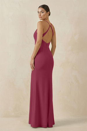 Spaghetti Strap Sheath Chiffon Bridesmaid Dress With Slit in Desert Rose - SHE IS ME Bridesmaid Dresses