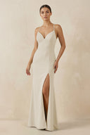 Spaghetti Strap Sheath Chiffon Bridesmaid Dress With Slit in Dove Gray - SHE IS ME Bridesmaid Dresses