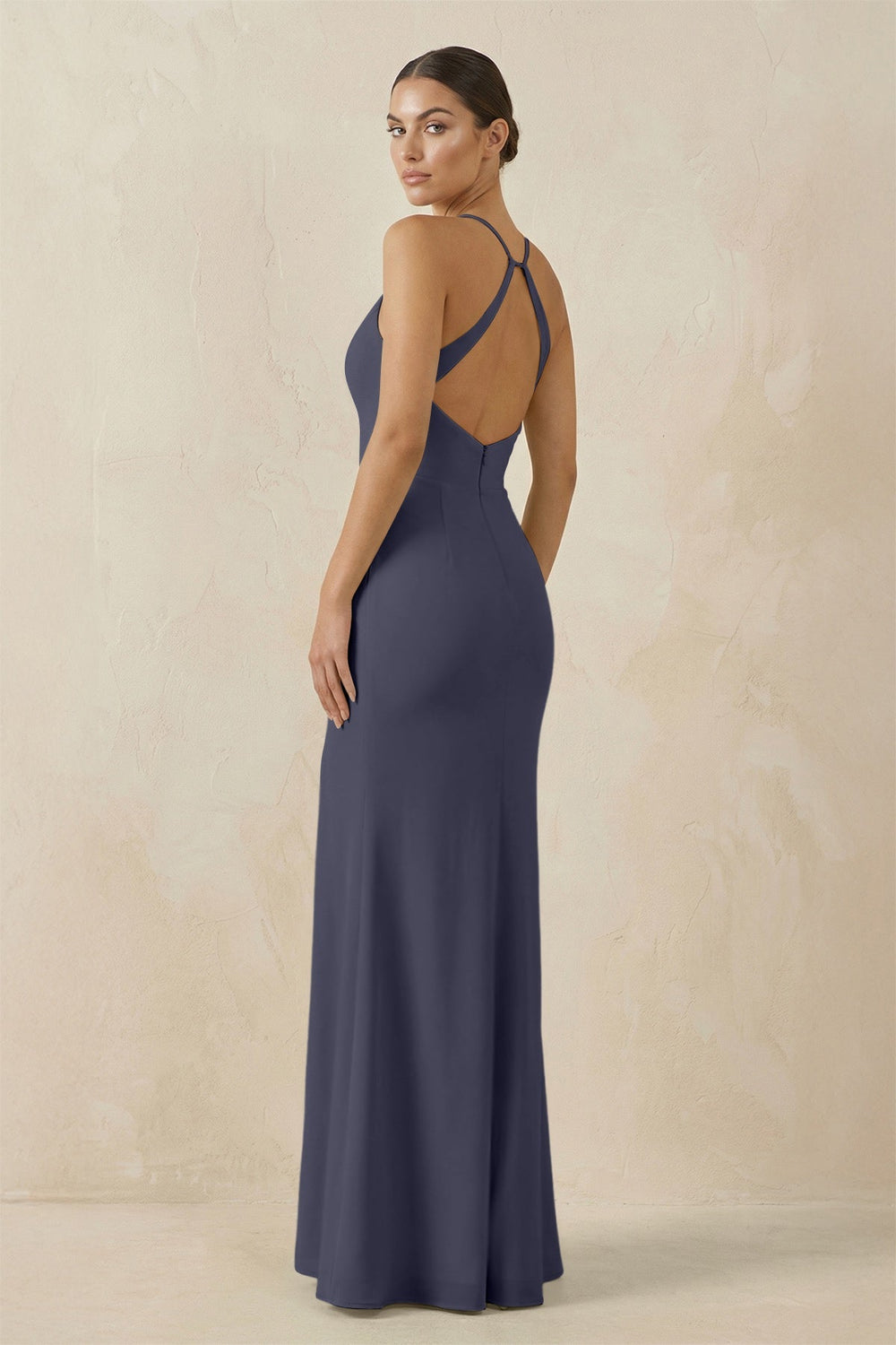 Spaghetti Strap Sheath Chiffon Bridesmaid Dress With Slit in Dusk Blue - SHE IS ME Bridesmaid Dresses