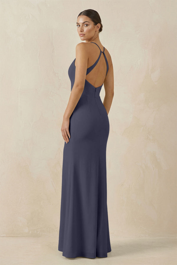 Spaghetti Strap Sheath Chiffon Bridesmaid Dress With Slit in Dusk Blue - SHE IS ME Bridesmaid Dresses