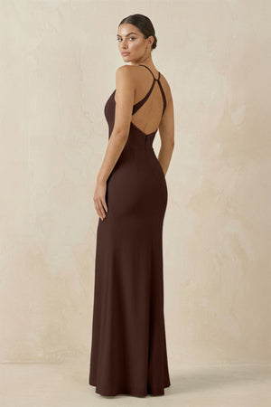 Spaghetti Strap Sheath Chiffon Bridesmaid Dress With Slit in Espresso - SHE IS ME Bridesmaid Dresses