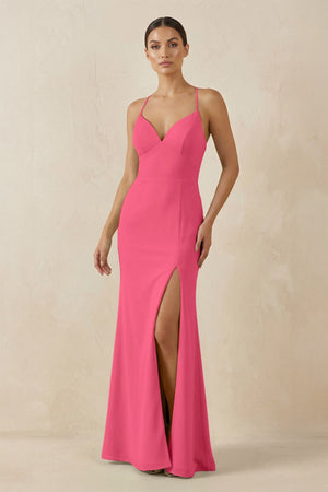 Spaghetti Strap Sheath Chiffon Bridesmaid Dress With Slit in Fuchsia - SHE IS ME Bridesmaid Dresses
