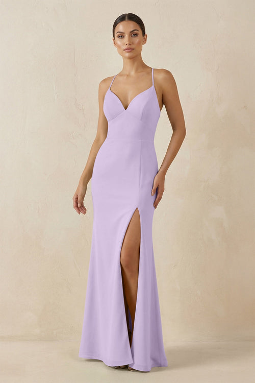Spaghetti Strap Sheath Chiffon Bridesmaid Dress With Slit in Lavender - SHE IS ME Bridesmaid Dresses