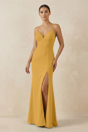 Spaghetti Strap Sheath Chiffon Bridesmaid Dress With Slit in Marigold - SHE IS ME Bridesmaid Dresses