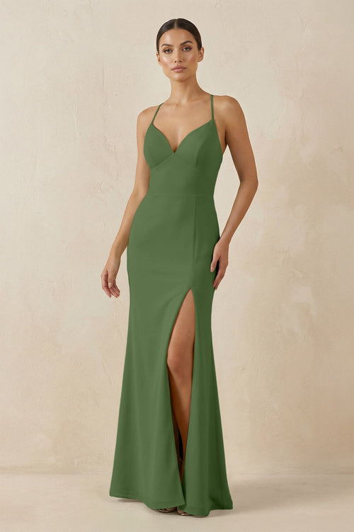 Spaghetti Strap Sheath Chiffon Bridesmaid Dress With Slit in Moss - SHE IS ME Bridesmaid Dresses