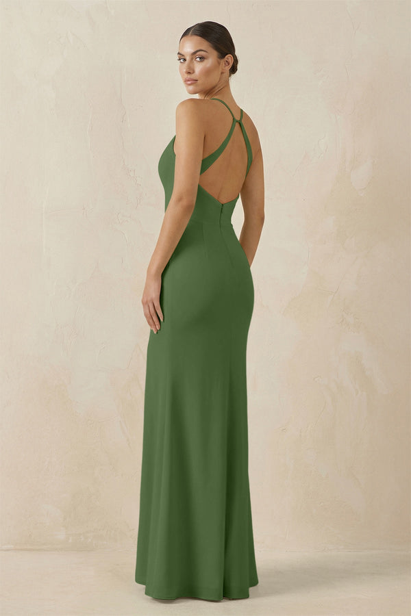 Spaghetti Strap Sheath Chiffon Bridesmaid Dress With Slit in Moss - SHE IS ME Bridesmaid Dresses