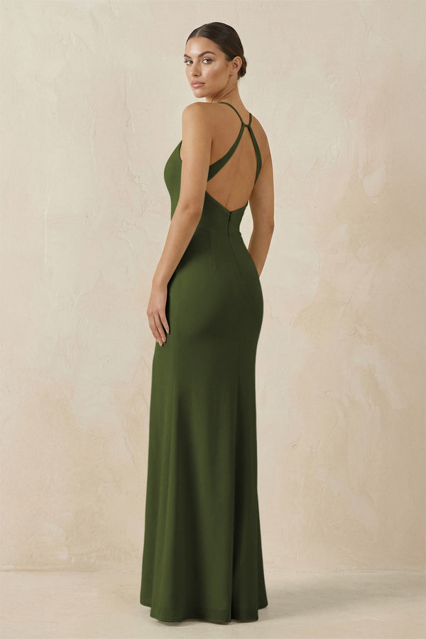 Spaghetti Strap Sheath Chiffon Bridesmaid Dress With Slit in Olive - SHE IS ME Bridesmaid Dresses