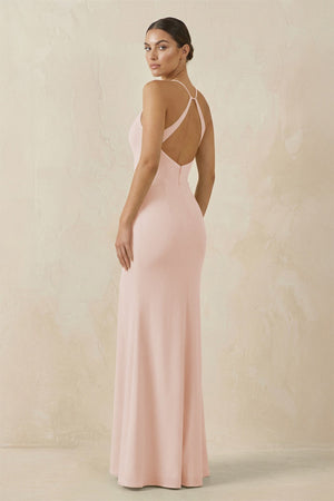 Spaghetti Strap Sheath Chiffon Bridesmaid Dress With Slit in Pale Blush - SHE IS ME Bridesmaid Dresses