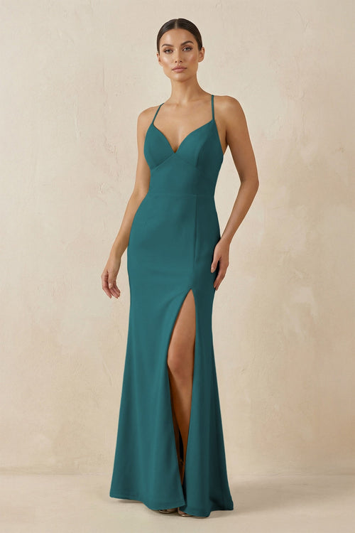 Spaghetti Strap Sheath Chiffon Bridesmaid Dress With Slit in Pine - SHE IS ME Bridesmaid Dresses