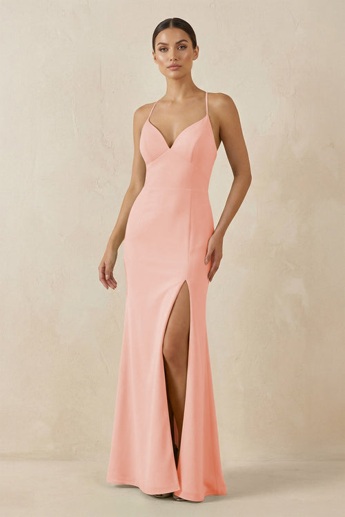 Spaghetti Strap Sheath Chiffon Bridesmaid Dress With Slit in Rose Petal - SHE IS ME Bridesmaid Dresses