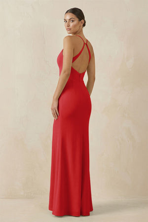 Spaghetti Strap Sheath Chiffon Bridesmaid Dress With Slit in Ruby Red - SHE IS ME Bridesmaid Dresses