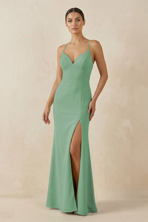 Spaghetti Strap Sheath Chiffon Bridesmaid Dress With Slit in Sea Glass - SHE IS ME Bridesmaid Dresses