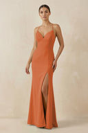 Spaghetti Strap Sheath Chiffon Bridesmaid Dress With Slit in Terracotta - SHE IS ME Bridesmaid Dresses