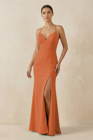 Spaghetti Strap Sheath Chiffon Bridesmaid Dress With Slit in Terracotta - SHE IS ME Bridesmaid Dresses