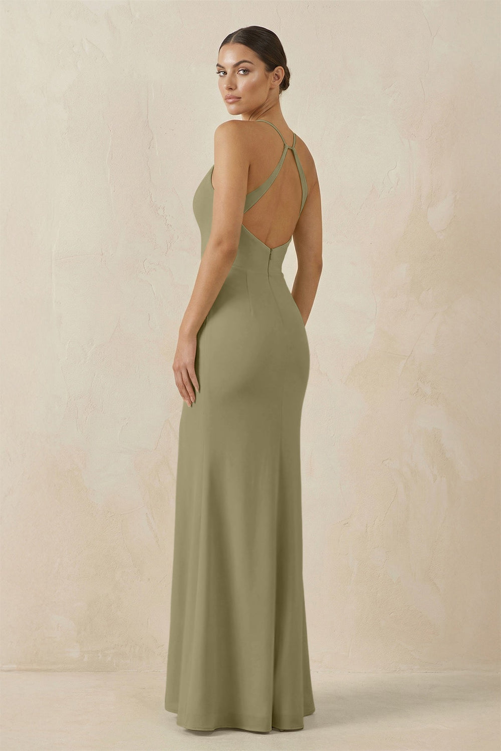 Spaghetti Strap Sheath Chiffon Bridesmaid Dress With Slit in Thyme - SHE IS ME Bridesmaid Dresses