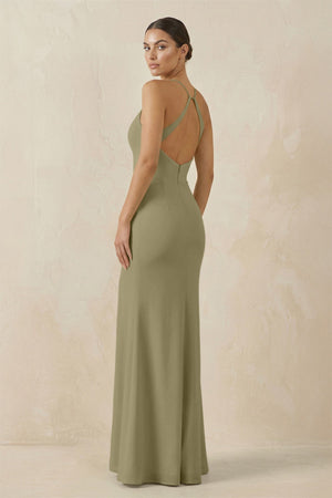 Spaghetti Strap Sheath Chiffon Bridesmaid Dress With Slit in Thyme - SHE IS ME Bridesmaid Dresses