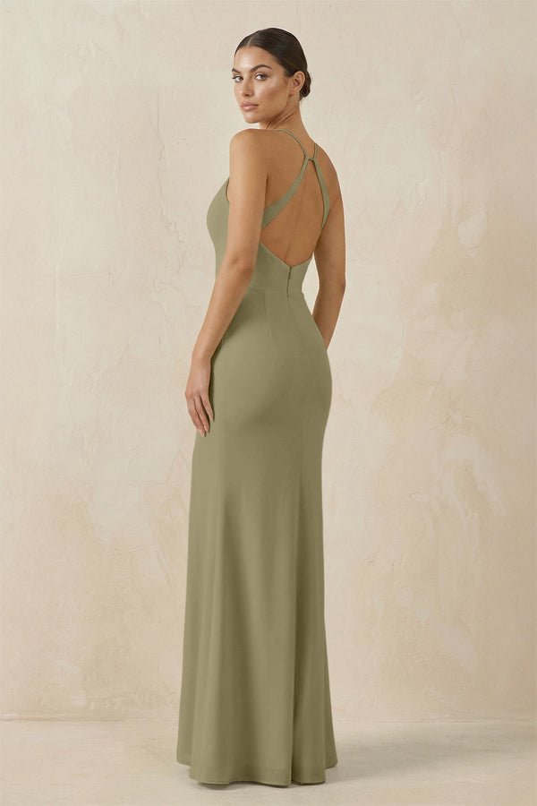 Spaghetti Strap Sheath Chiffon Bridesmaid Dress With Slit in Thyme - SHE IS ME Bridesmaid Dresses
