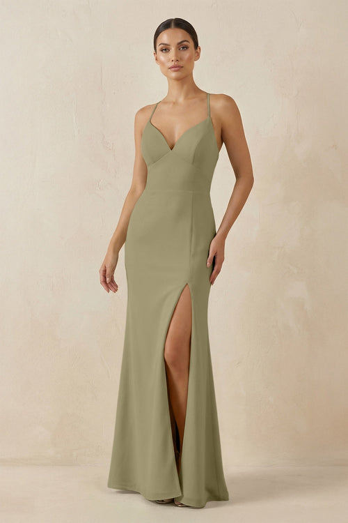 Spaghetti Strap Sheath Chiffon Bridesmaid Dress With Slit in Thyme - SHE IS ME Bridesmaid Dresses