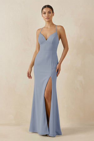 Spaghetti Strap Sheath Chiffon Bridesmaid Dress With Slit in Twilight - SHE IS ME Bridesmaid Dresses