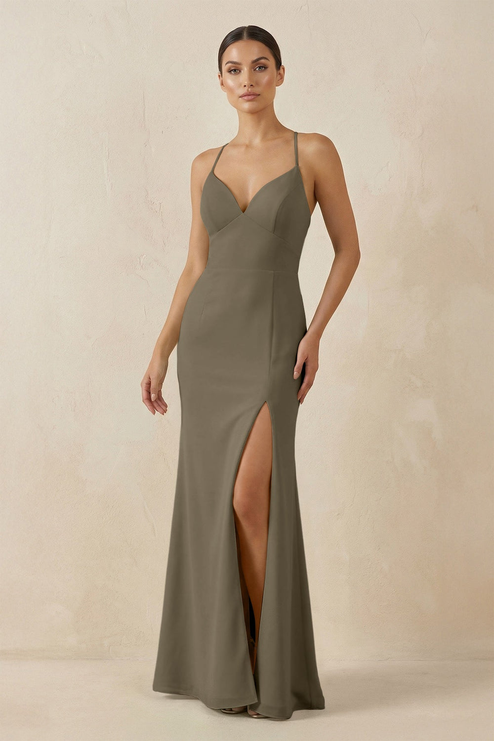 Spaghetti Strap Sheath Chiffon Bridesmaid Dress With Slit in Willow Green - SHE IS ME Bridesmaid Dresses