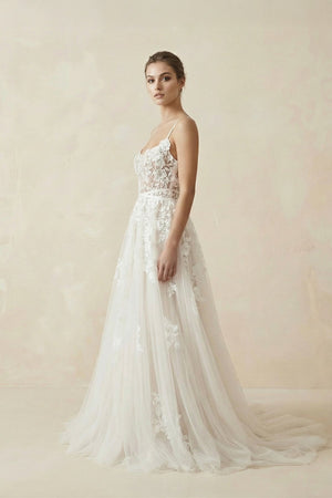 Spaghetti Straps Lace A Line Wedding Dress in Ivory - SHE IS ME Wedding Dresses