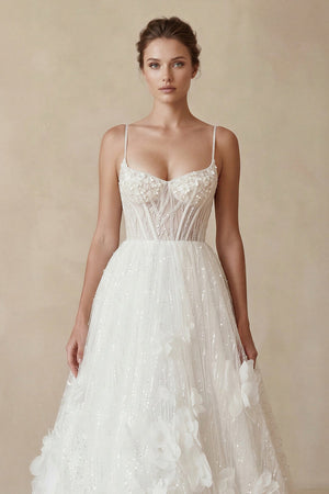Sparkly 3D Flower Sequins Corset Wedding Dress in White - SHE IS ME Wedding Dresses